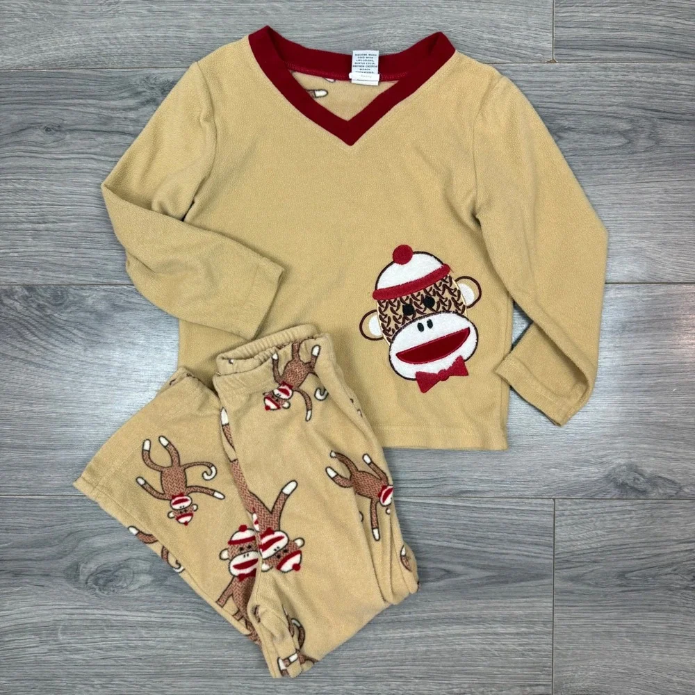Sock Monkey Fleece Pajamas 4Y Tan Red Two Piece Set‎ Cozy Kids Sleepwear
